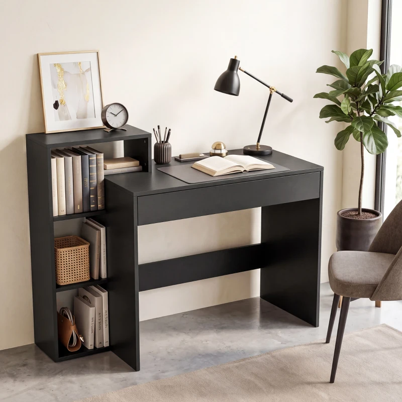 HOMCOM Desk with Storage, Computer Desk with 3 Open Shelves and Drawer, Workstation, Computer Table, Black