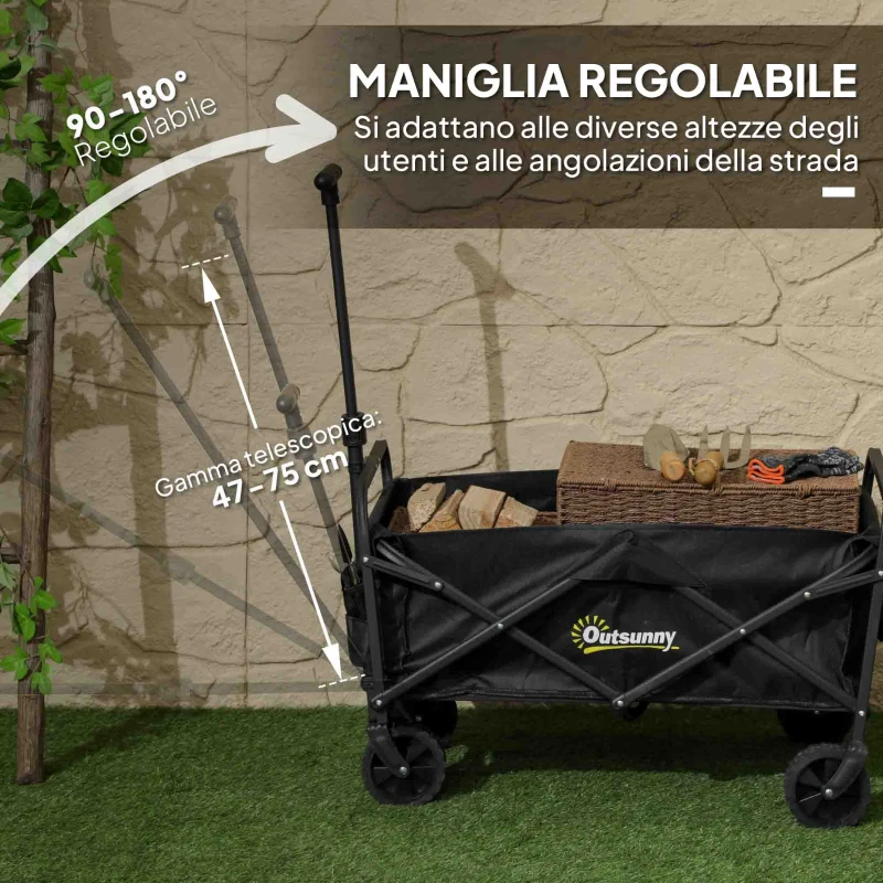 Outsunny Carrello da Giardino 62L Pieghevole con Maniglia Regolabile, in Metallo e Tessuto Oxford, 76x48x86 cm, Nero