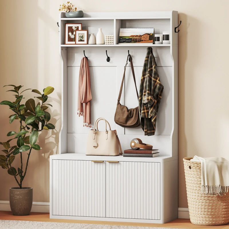 HOMCOM Perchero Zapatero 4 en 1 Perchero Moderno con Estante Abierto para Pasillo Entrada Dormitorio 100x38x172 cm Blanco