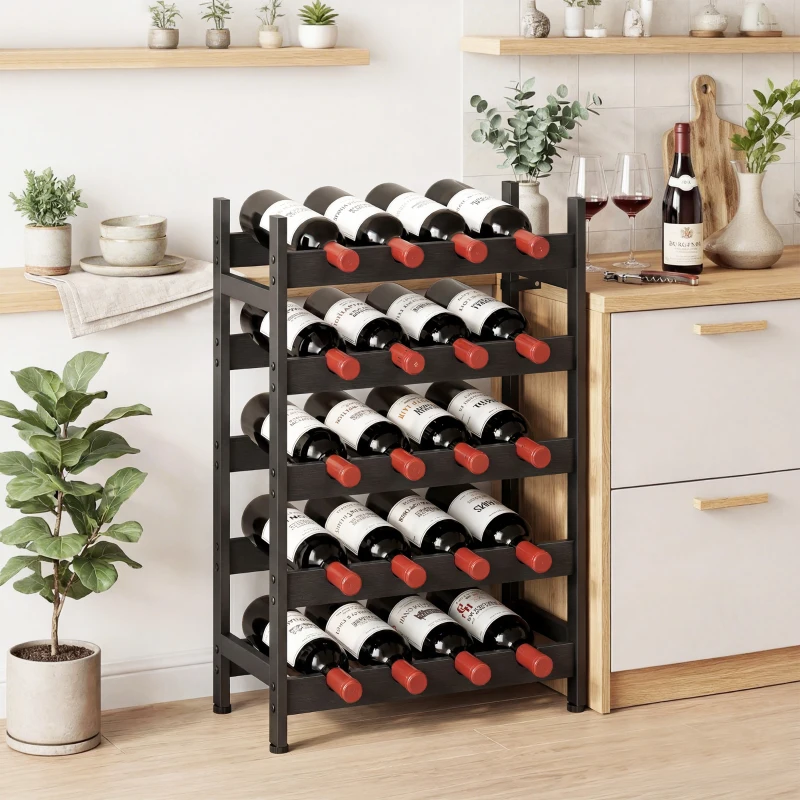 HOMCOM Wine Rack Freestanding Industrial Liquor Cabinet 5-Tier 20 Bottles Bar Stand with Adjustable Feet, Black