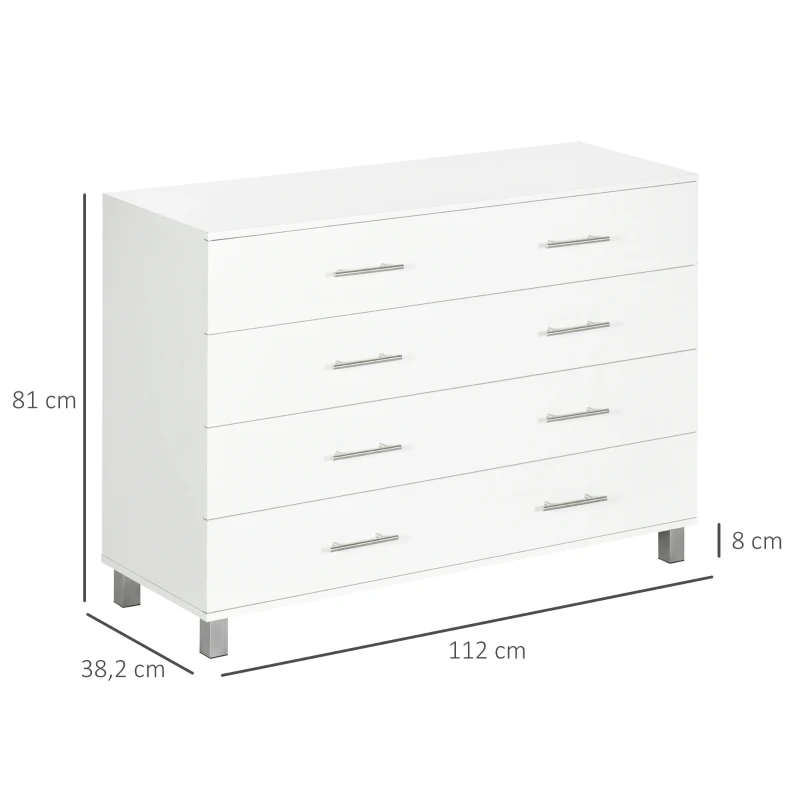 HOMCOM Cassettiera 4 Cassetti per Camera da Letto in Legno con Maniglie in Metallo, Bianco