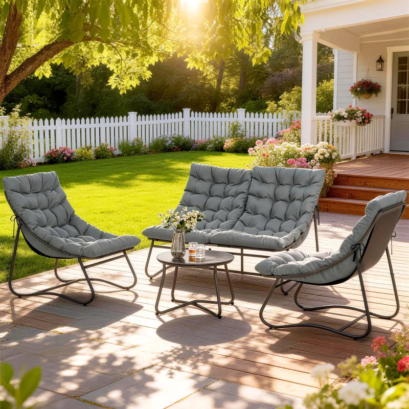 Outsunny 4-Sitzer Gartenmöbel-Set, 2 Stühle, 1 Doppel-Sofa, 1 Tisch, dicke Kissen, Stahlrahmen, für Terrasse, Grau