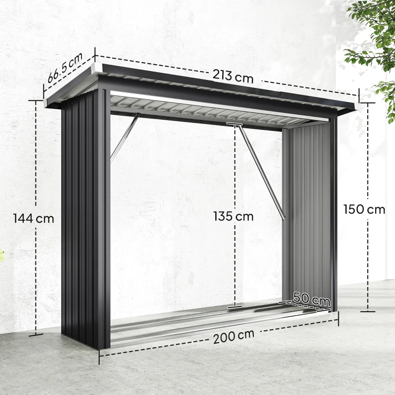 Outsunny Adăpost pentru Lemne Exterior, Oțel Galvanizat cu Bază Ridicată, 213x66,5x150 cm, Gri Închis