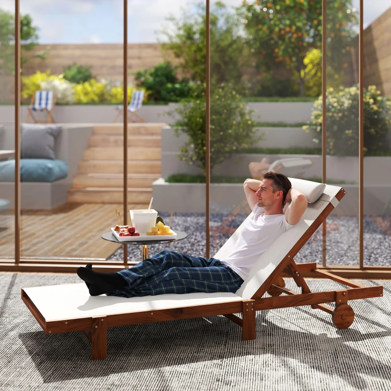 Outsunny Bain de soleil en bois avec roulettes dossier inclinable en 4 positions appui-tête, 84x200x101cm, blanc