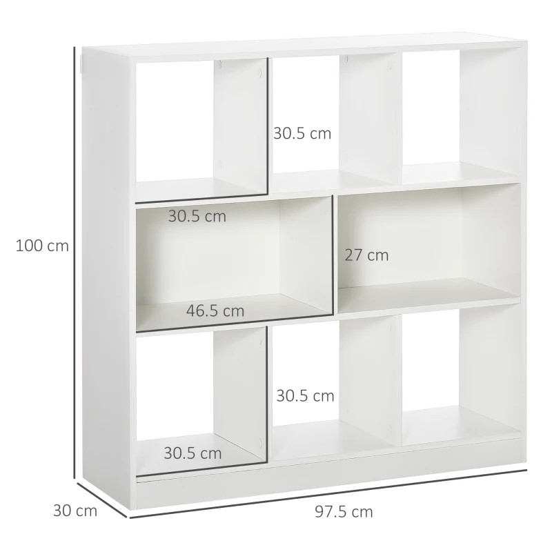 HOMCOM Dulap bibliotecă pentru depozitare cu 3 niveluri și 8 rafturi, din MDF, 97.5x30x100 cm, alb(m-3)