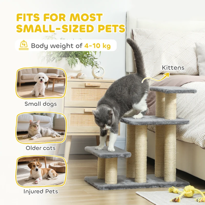 PawHut Pet Steps for Bed, 3 Step Adjustable Pet Stairs for Sofa with 6 Sisal Scratching Posts for Small Dogs & Cats, Grey