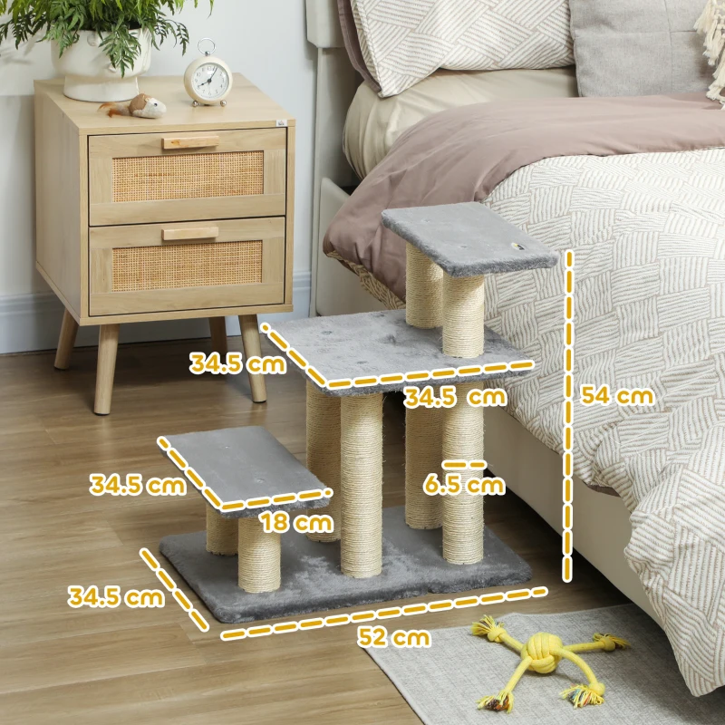 PawHut Pet Steps for Bed, 3 Step Adjustable Pet Stairs for Sofa with 6 Sisal Scratching Posts for Small Dogs & Cats, Grey