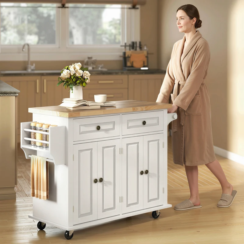 HOMCOM Isla de Cocina con Ruedas Mueble Auxiliar de Cocina con Especiero y Barra Lateral 111x44,5x82,5 cm Blanco