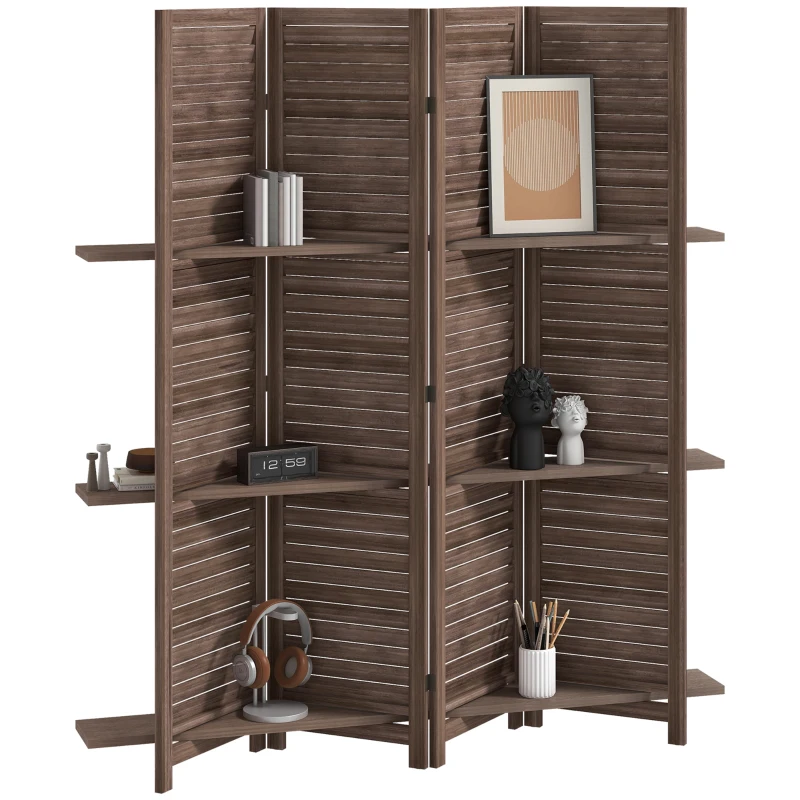 HOMCOM Paravent intérieur en bois 4 panneaux 160 x 170 cm, séparateur de pièce pliable avec 3 étagères, noyer