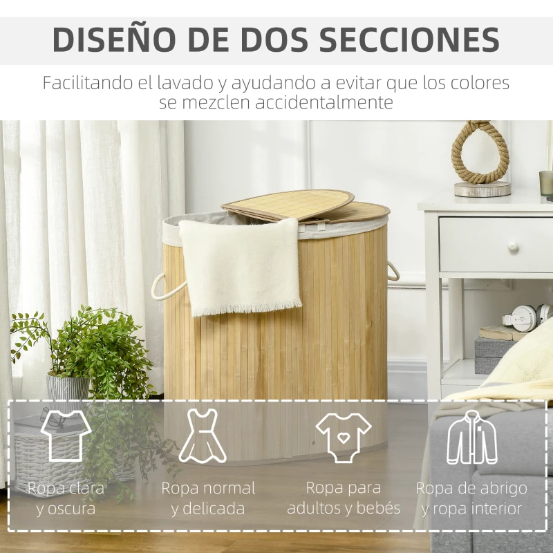 HOMCOM Cesto para Ropa Sucia de Bambú 100L 2 Compartimentos Bolsa Interior Extraíble y Lavable 62,5x37x60,5 cm Natural