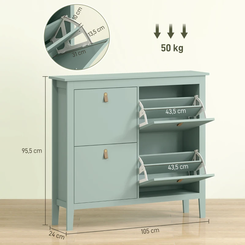 HOMCOM Meuble à chaussures 20 paires, armoire à chaussures avec 4 tiroirs rabattables, étagères amovibles et réglables, vert