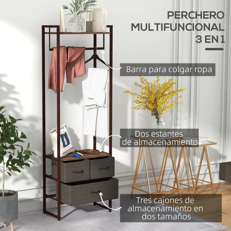 HOMCOM Perchero para Ropa Perchero Recibidor con 3 Cajones de Tela y Estante de Almacenamiento 58,5x30x178 cm Marrón Rústico