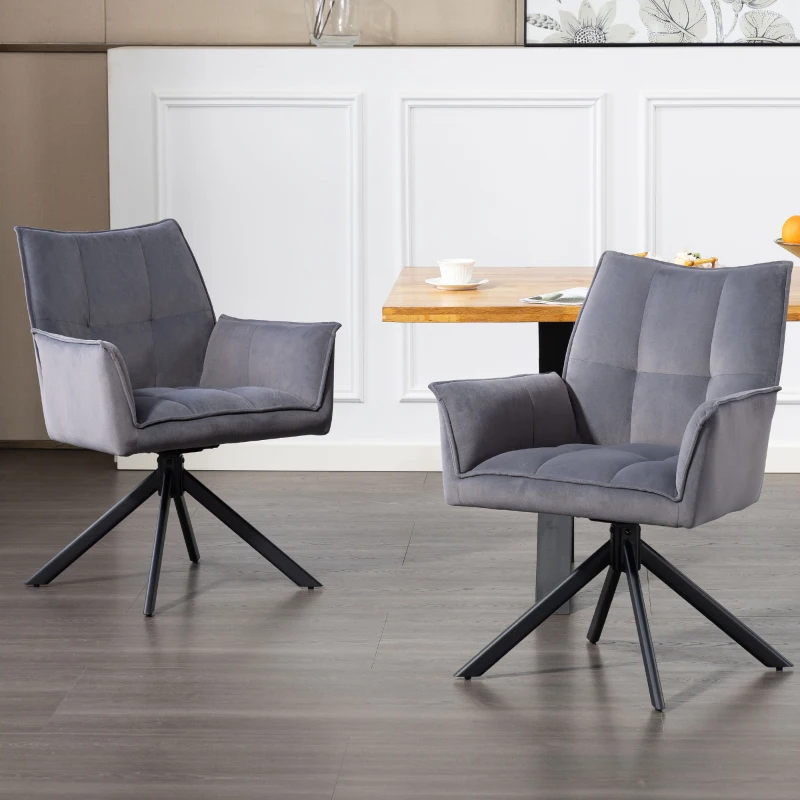HOMCOM Juego de 2 Sillas de Comedor Giratorias con Reposabrazos Respaldo Acolchado Tapizado en Terciopelo Patas de Acero Gris