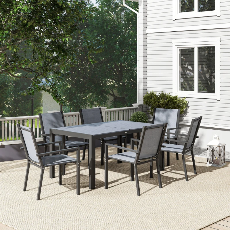 Outsunny Set da Giardino con 6 Sedie Impilabili e Tavolo da Pranzo Rettangolare, Grigio Chiaro