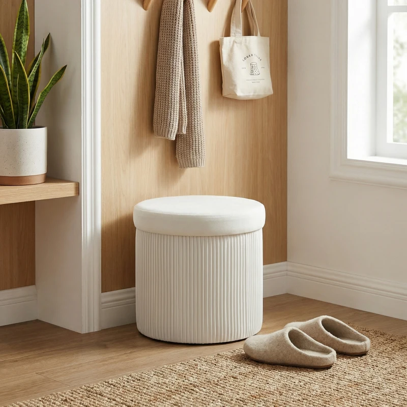 HOMCOM Puff Almacenaje Banco Almacenaje Plegable 35 L 38x38x38 cm Tapizado en Terciopelo Baúl de Almacenamiento Redondo Crema