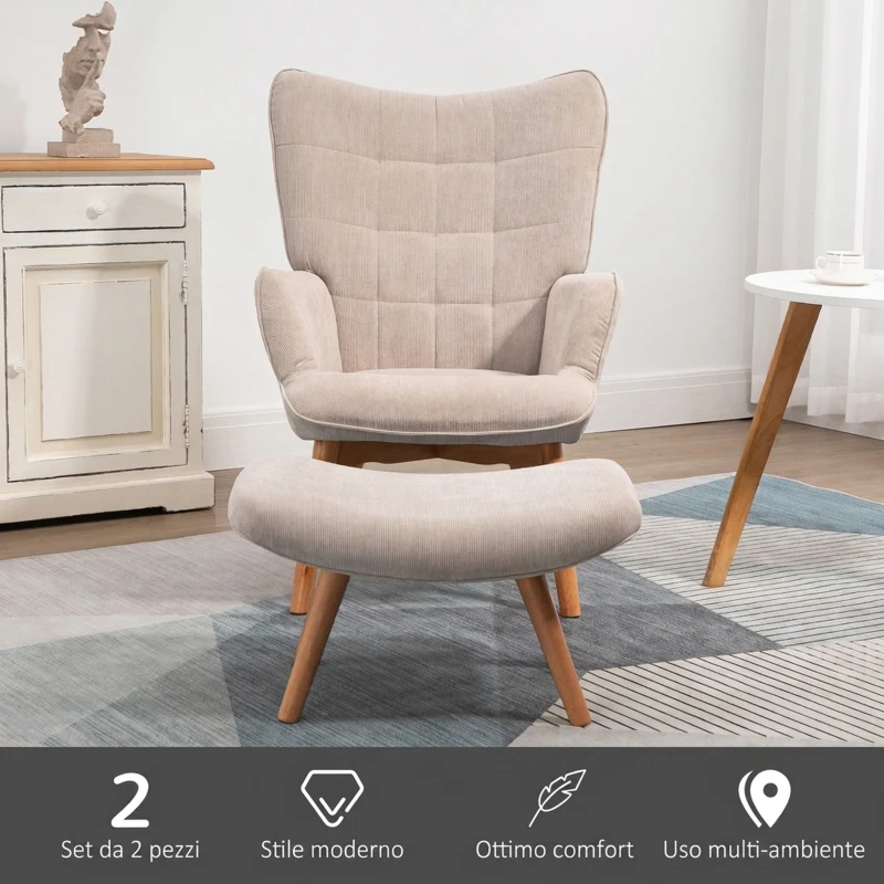 HOMCOM Poltrona Relax con Pouf Poggiapiedi in Velluto a Costine con Schienale Alto e Braccioli, Beige