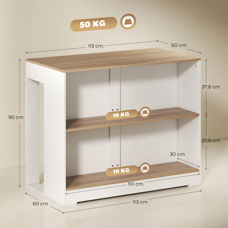 HOMCOM Table de bar, table haute cuisine à 3 niveaux 2 compartiments ouverts, plateau effet bois naturel 113 x 60 x 90 cm blanc