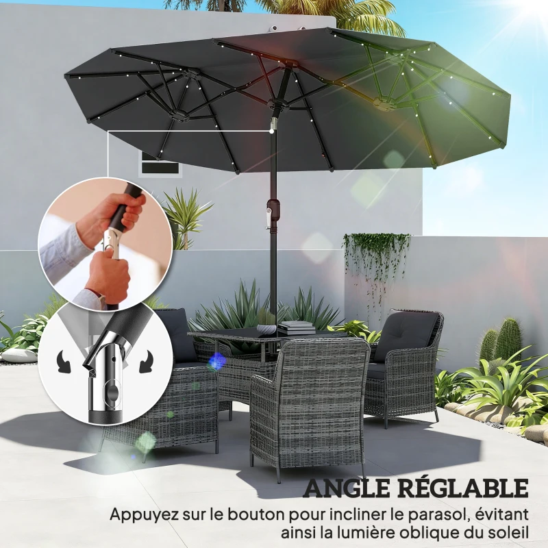 Outsunny Parasol de jardin double 3 x 1,5 m, parasol de jardin extérieur avec éclairage solaire, manivelle et 2 aérations, gris