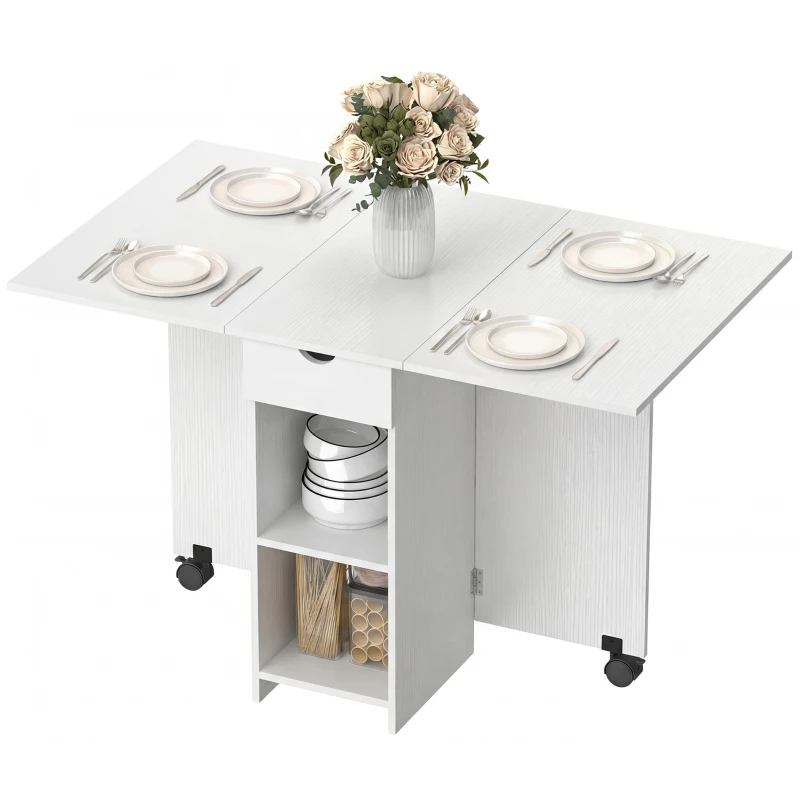 HOMCOM Mesa de Cocina Plegable con Ruedas Alas Abatibles Cajón y Estantes para 2-4 Personas 120x72x75 cm Blanco