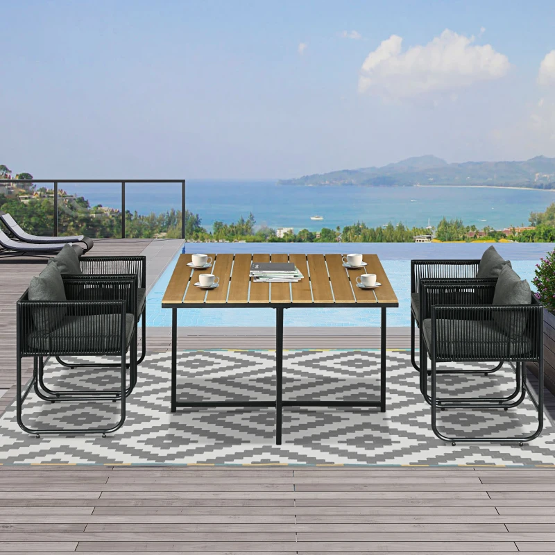 Outsunny Conjunto de Jardín Exterior con Mesa Cuadrada 110x110x75 cm y 4 Sillas con Cojines 50,5x49,5x67 cm Negro y Natural
