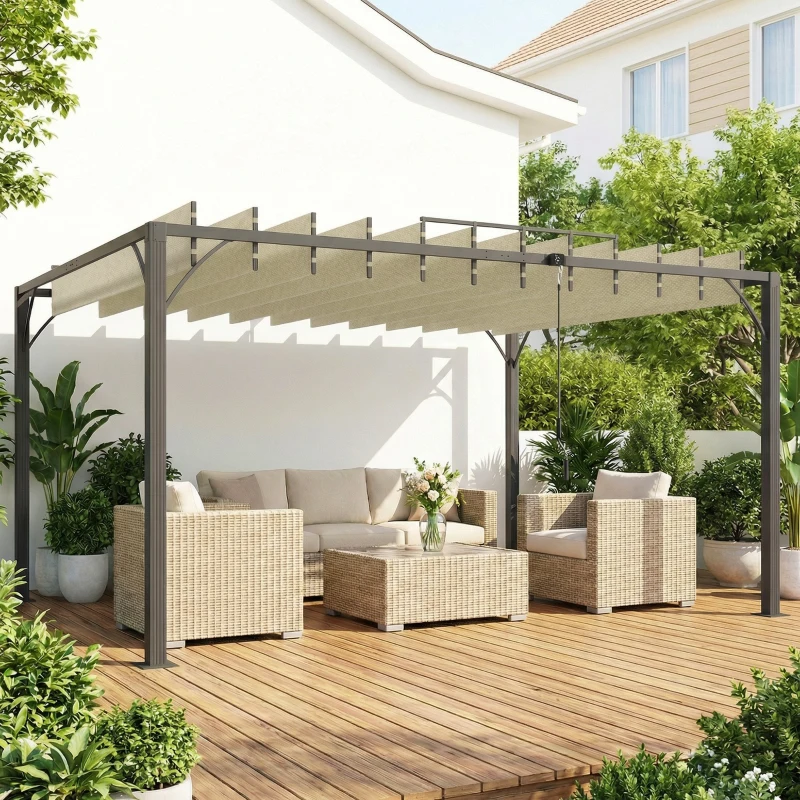 Outsunny Pérgola de Jardín 3x4 m con Protección UPF30+ Gazebo con Techo Ajustable Estructura de Aluminio para Exterior Crema