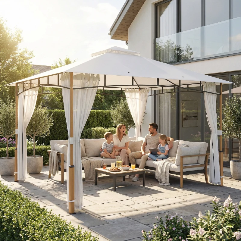 Outsunny Carpa para Jardín con Techo Doble Cenador con Paredes de Malla UPF50+ para Exterior Terraza 360x300x275 cm Crema y Teca