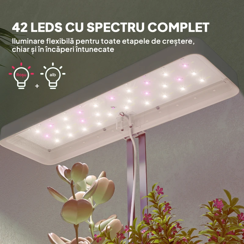 Outsunny Lămpi pentru Plante cu 42 de Lămpi LED, 3 Ghivece, Temporizator și Iluminare Reglabilă, 45x18,8x47,8 cm, Alb