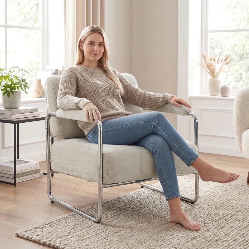 HOMCOM Poltrona Salotto e Poltroncina Camera da Letto in Ciniglia Morbida, Beige
