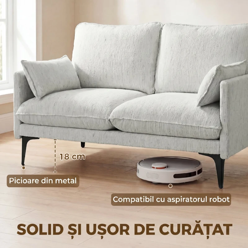 HOMCOM Canapea 2 Locuri cu Brațe, Perne Groase și 2 Perne, 131x78x83 cm, Alb