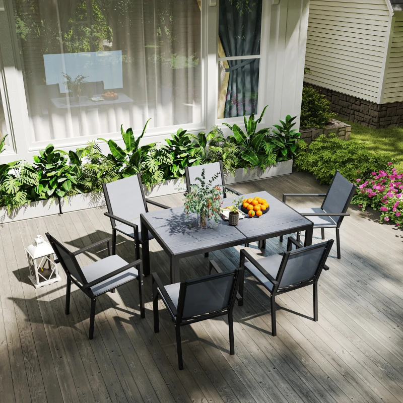 Outsunny Set da Giardino con 6 Sedie Impilabili e Tavolo da Pranzo Rettangolare, Grigio Chiaro
