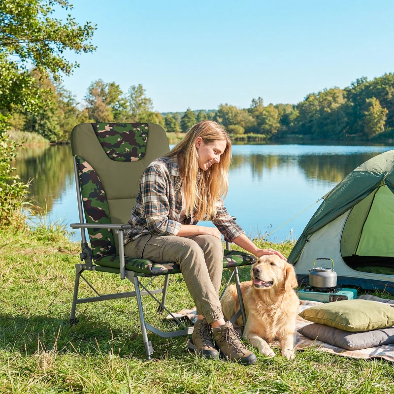 Outsunny Camping Chair Padded Reclining Folding Chair with Wide Armrests for Adults Camouflage