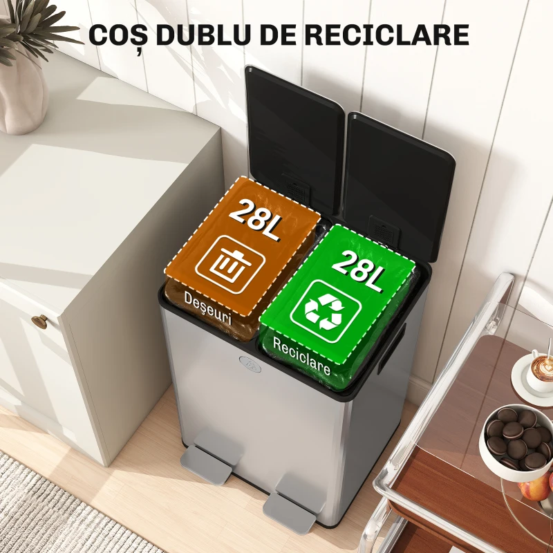 HOMCOM Coș gunoi cu pedală bucătărie, capac închidere ușoară, recipiente interioare detașabile, oțel, 2x28L, argintiu