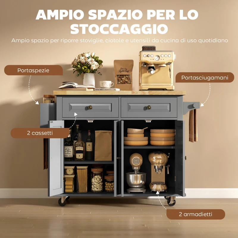 HOMCOM Carrello da Cucina con 2 Cassetti e 2 Armadietti, Piano in Legno, Portaspezie e Porta Canovacci, Grigio