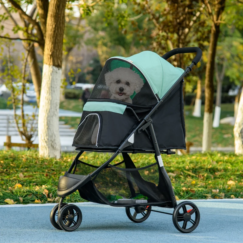 PawHut Haustierbuggy Hundebuggy, klappbar, mit Regenschutz, 2 Getränkehalter, Blau + Grün(m-10)