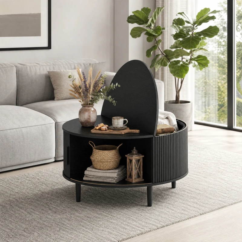 HOMCOM Coffee Table with Lift Top and Hidden Storage, Round Centre Table with Fluted Sliding Door, 80 cm, Black Wood Effect