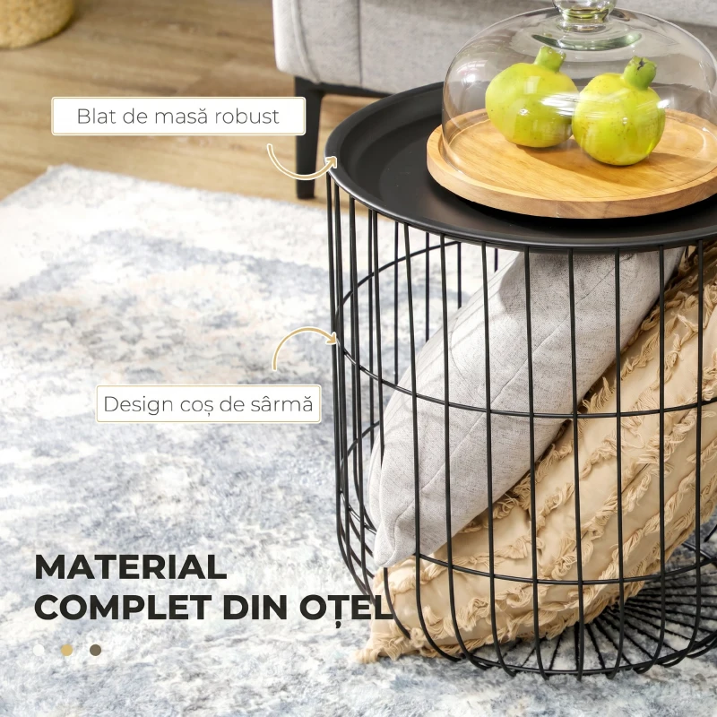 HOMCOM Set 2 măsuțe de living rotunde suprapozabile din oțel cu spațiu de depozitare, negru