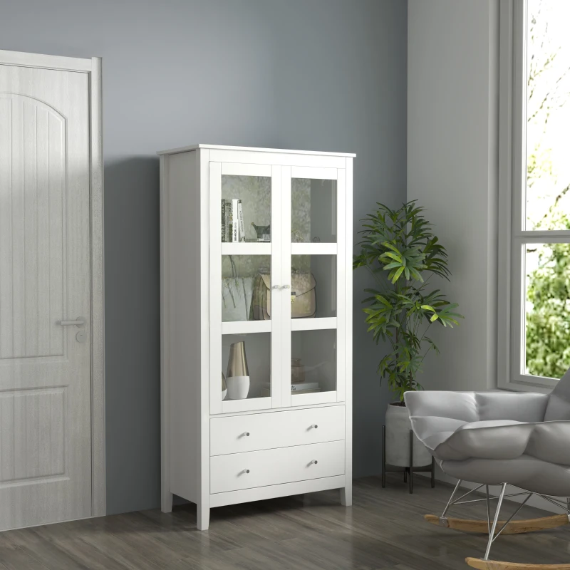 HOMCOM Vitrina de Salón Aparador de Cocina con 2 Puertas de Vidrio 3 Estantes 2 Cajones para Comedor Oficina 80x40x160cm Blanco