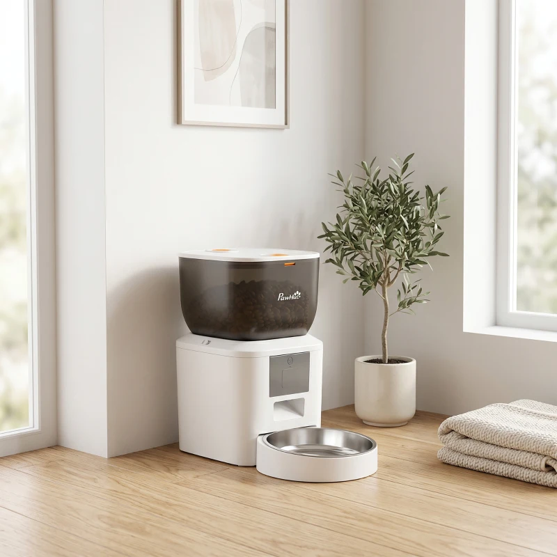PawHut Distributore Automatico Cibo Gatti 4L WiFi 2.4G, App Controllo con Registratore 10s, Ciotola, Bianco