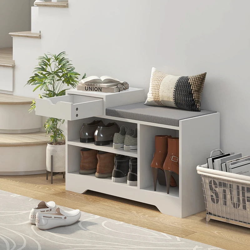 HOMCOM Meuble et banc à chaussures 1 tiroir et 3 compartiments, capacité 5 paires MDF, 76,5L x 30D x 52H cm