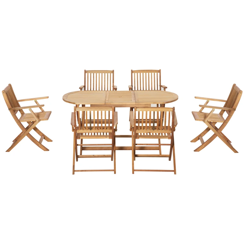 Outsunny Ensemble salon de jardn avec  table à manger ovale et 6 chaises pliables 7 pièces ensemble de meubles extérieur en bois de peuplier pour 6 personnes trou pour parasol