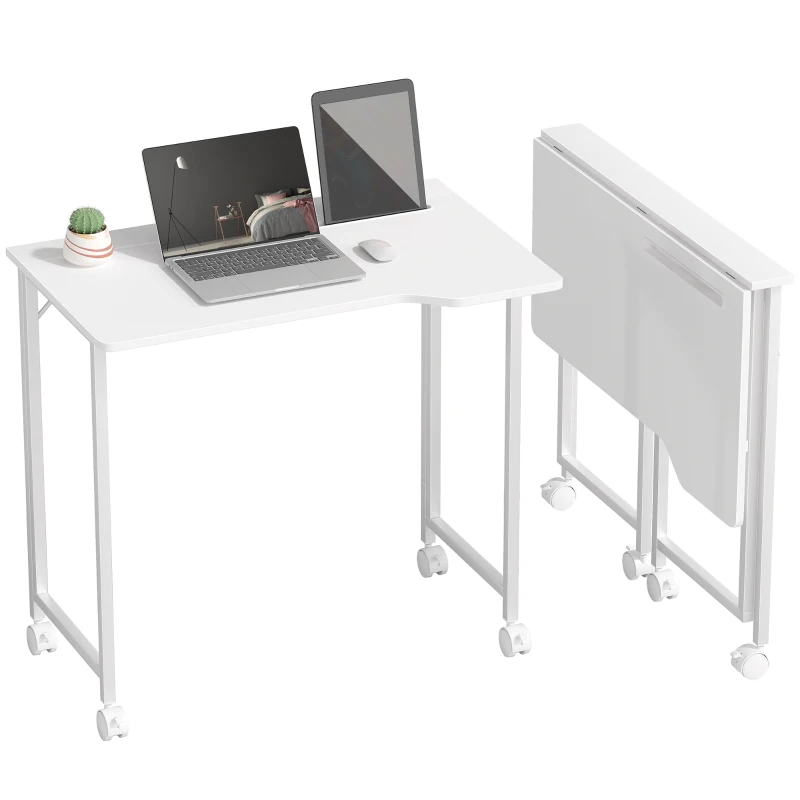 HOMCOM Schreibtisch, klappbarer Computertisch, platzsparender Bürotisch mit Rollen, Geräteschlitz, 80 x 52 x 75 cm, Weiß