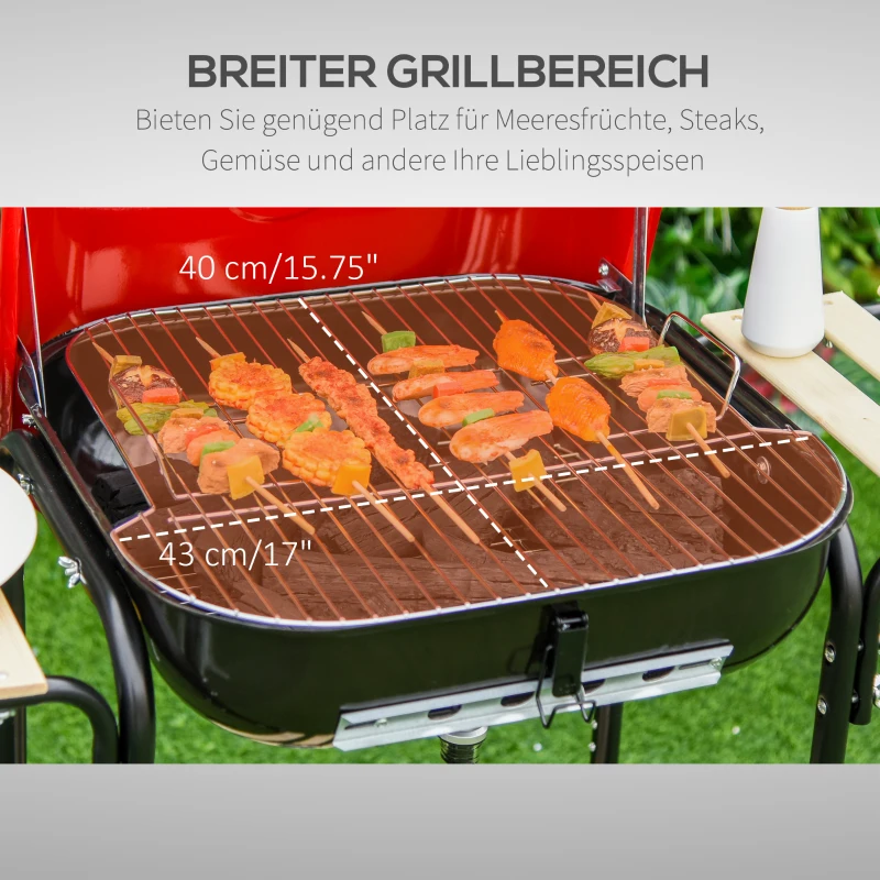 Outsunny Kohlegrill Grillwagen Grillstation Standgrill mit Windschutz 3 x Ablagefach Metall Rot 98 x 49 x 81 cm