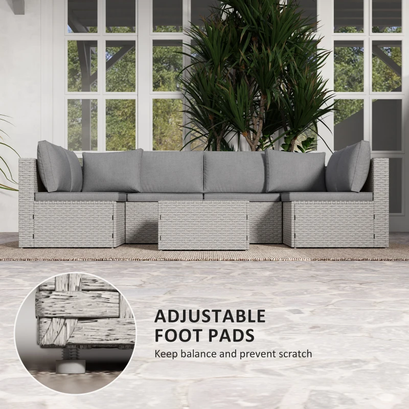 Outsunny 7 Pieces Rattan Garden Furniture Set, 6 Seater Garden Corner Sofa with Cushions and Glass Top Table, Sectional Outdoor Furniture Conservatory Set for Patio, Grey