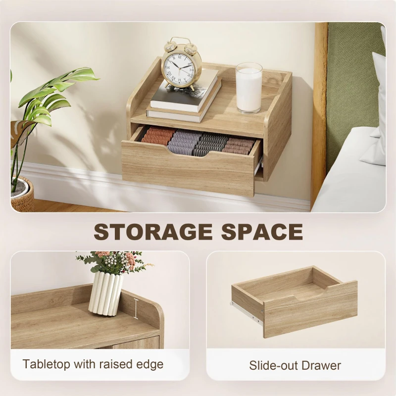 HOMCOM Floating Nightstands Set of 2, Wall Mounted Bedside Table with Drawer for Bedroom, Natural Wood