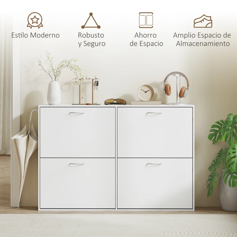 HOMCOM Mueble Zapatero Blanco Zapatero Moderno con 4 Cajones Abatibles para 16-24 Pares de Zapatos para Pasillo 120x24x81 cm