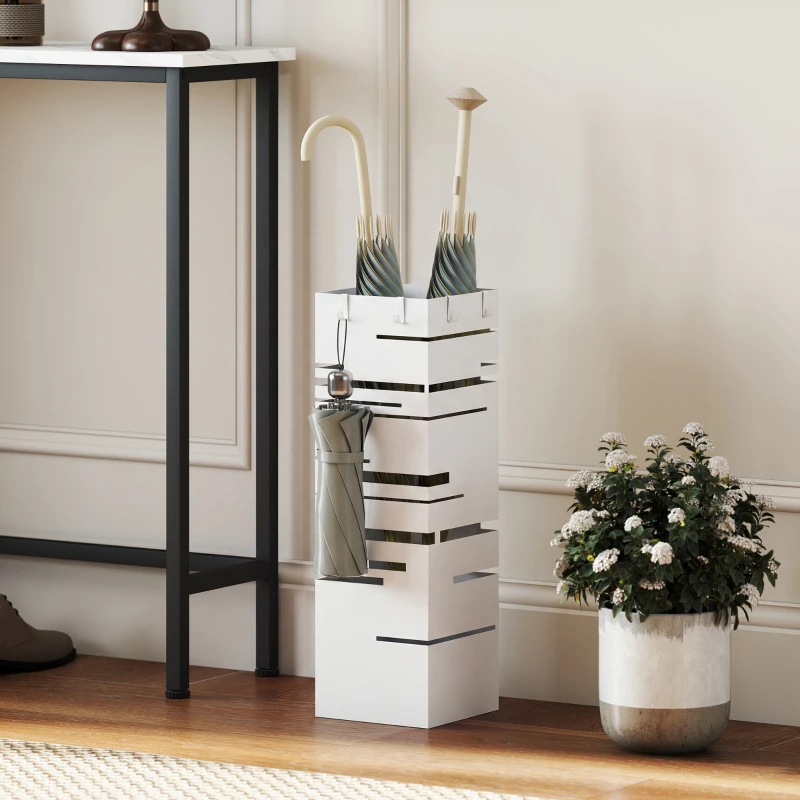 HOMCOM Paragüero Metálico con 4 Ganchos y Bandeja de Goteo Extraíble para Entrada Oficina 15,5x15,5x49 cm Blanco