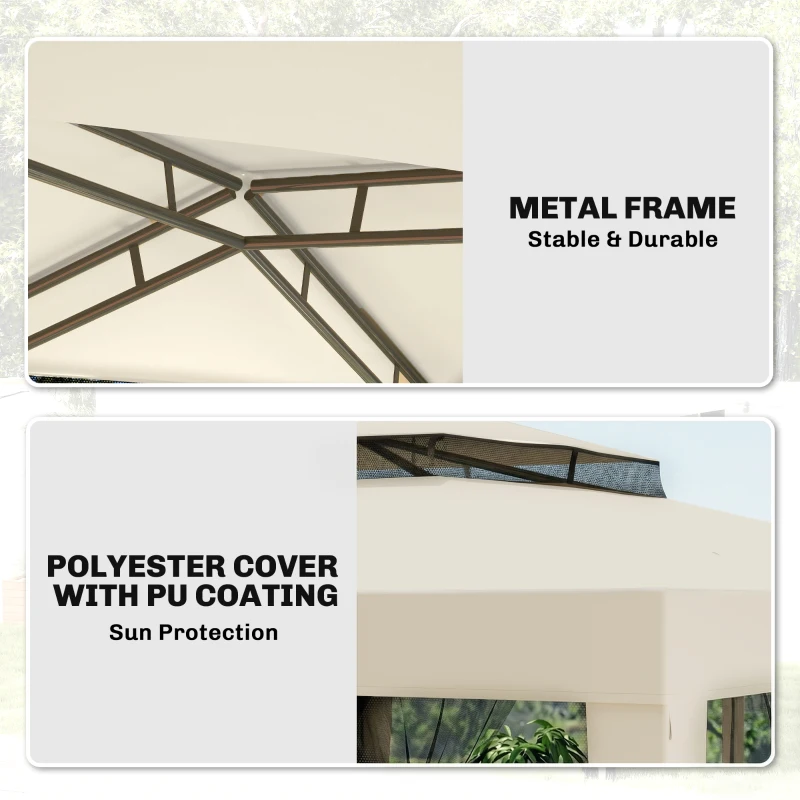 Outsunny 3 x 3 m Gazebo, Netting Party Tent, Patio Canopy Outdoor Event Shelter with Double Tier Roof, Beige