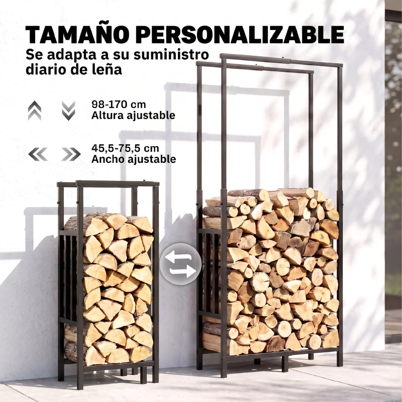 Outsunny Leñero Exterior de Acero Robusto para Leña con Ancho Alto Ajustables Carga 100 kg 45,5-75,5x25x98-170 cm Negro