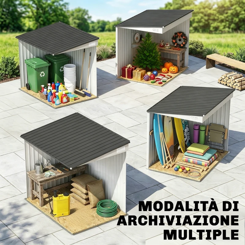 Outsunny Capanno Attrezzi in Metallo 1.5x2m con Base, Porta Scorrevole e Tetto Inclinato, Bianco