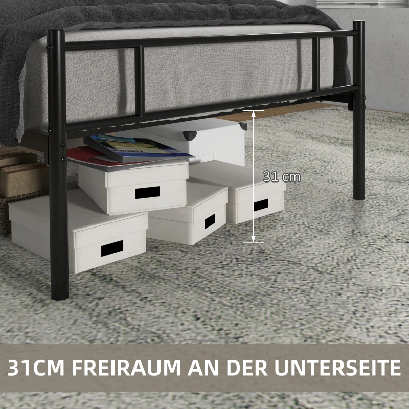 HOMCOM Bett 90 x 200 cm Stahl mit Lattenrost, Kopf- und Fußteil, 31 cm hoch Schwarz